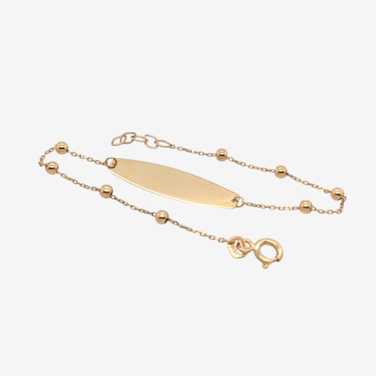 Brazalete (16.5 cm) Esclava Placa ID c/ Esferas & Cadena Cable Fina (2.5 mm) c/ Cierre Spring - Oro Amarillo 14Kts