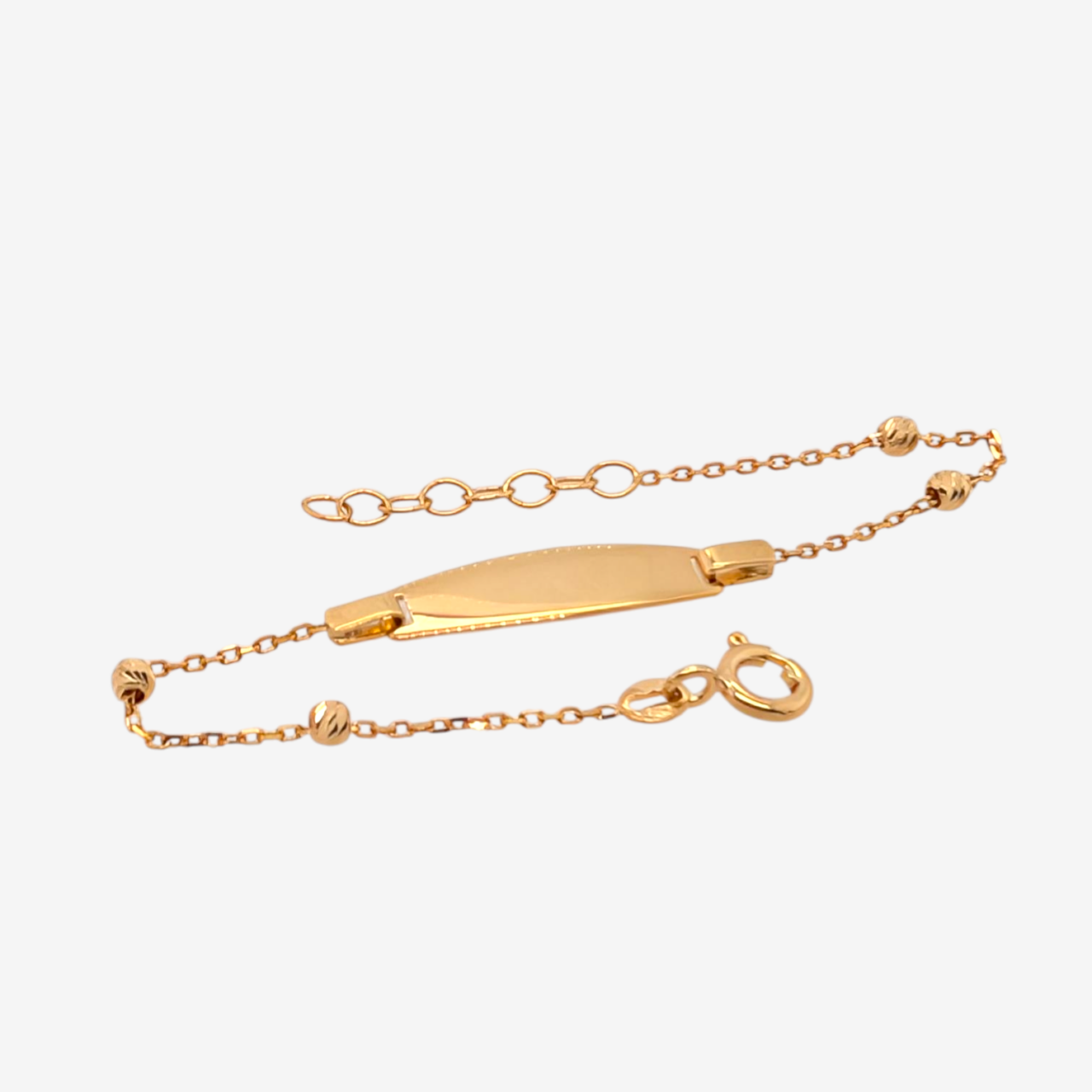 Brazalete (14.5 cm) Esclava c/ Placa ID Cadena Fina Cable c/ Esferas Diamantadas & Cierre Spring - Oro Amarillo 14Kt28s