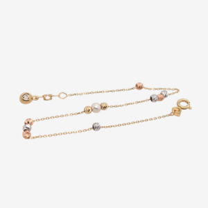 Brazalete (18.5 cm) Cadena Fina Cable c/ Esferas (3mm) Diamantadas & Perla Cultivada Central c/ Cierre Spring - Oro Tres Tonos 14Kts