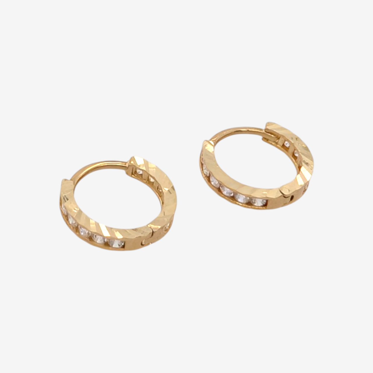 Zarcillos (10 mm)  Huggies Pequenos c/ Zircones Pave (2 mm) & Canto Diamantadas - Oro Amarillo 14Kts