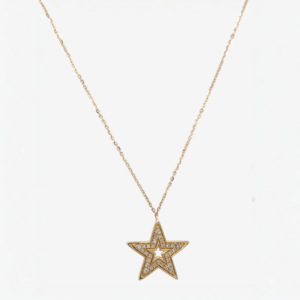 Cadena (45 cm) Fina Cable c/ Tres Ajuste & Estrella 5 Puntas Diamantes Pavé (0.17 Ct) c/ Cierre Spring - Oro Amarillo 14Kts