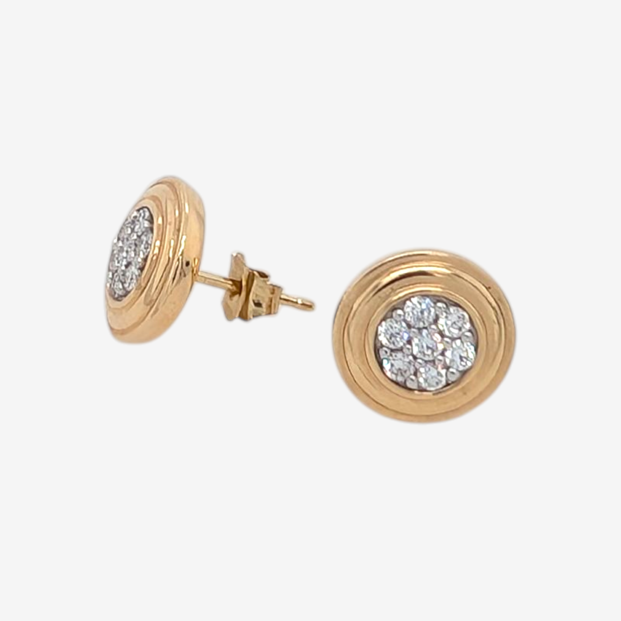 Zarcillos (10 mm) Post Studs Diamantes Pave LabGrown (0.25 Ct) Círculos Concéntricos de Oro Doble - Oro Amarillo 14Kts