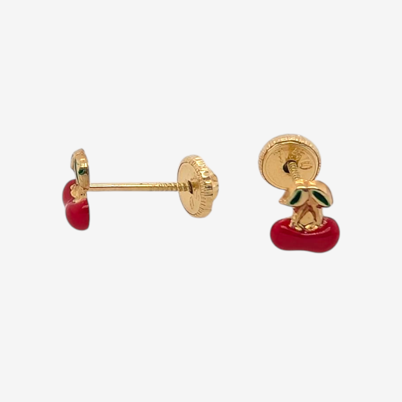 Zarcillos (5.2 mm x 5 mm) Cerezas c/ Esmalte Rojo & Verde - Oro Amarillo 18Kts