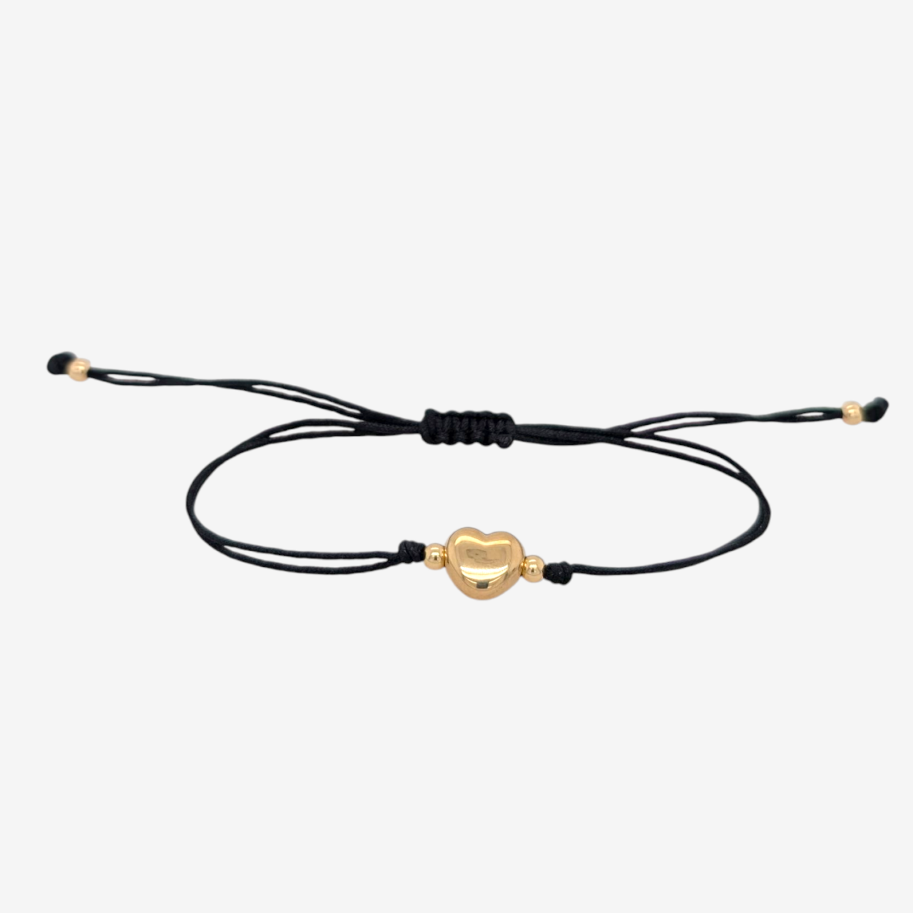 Brazalete (8 x 8 mm) Ajustable Hilo Chino Negro c/ 4 Esferas Lisas (3 mm) & Corazón Puff - Oro Amarillo 18Kts