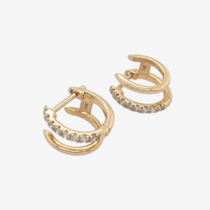 Zarcillos (12.5 mm) Huggies Dobles Lisos c/ Diamantes Naturales Pavé (0.23 Ct) - Oro Amarillo 14Kts