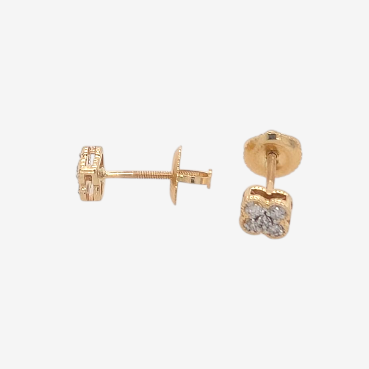 Zarcillos (6 x 6 mm) Studs Screwback Tréboles Pequeños Borde Pespunteado c/ Diamantes Naturales (0.09 Ct) - Oro Amarillo 14Kts