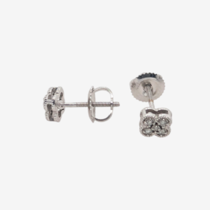 Zarcillos (6 x 6 mm) Studs Screwback Tréboles Pequeños Borde Redondeado c/ Diamantes Naturales (0.09 Ct) - Oro Blanco 14Kts