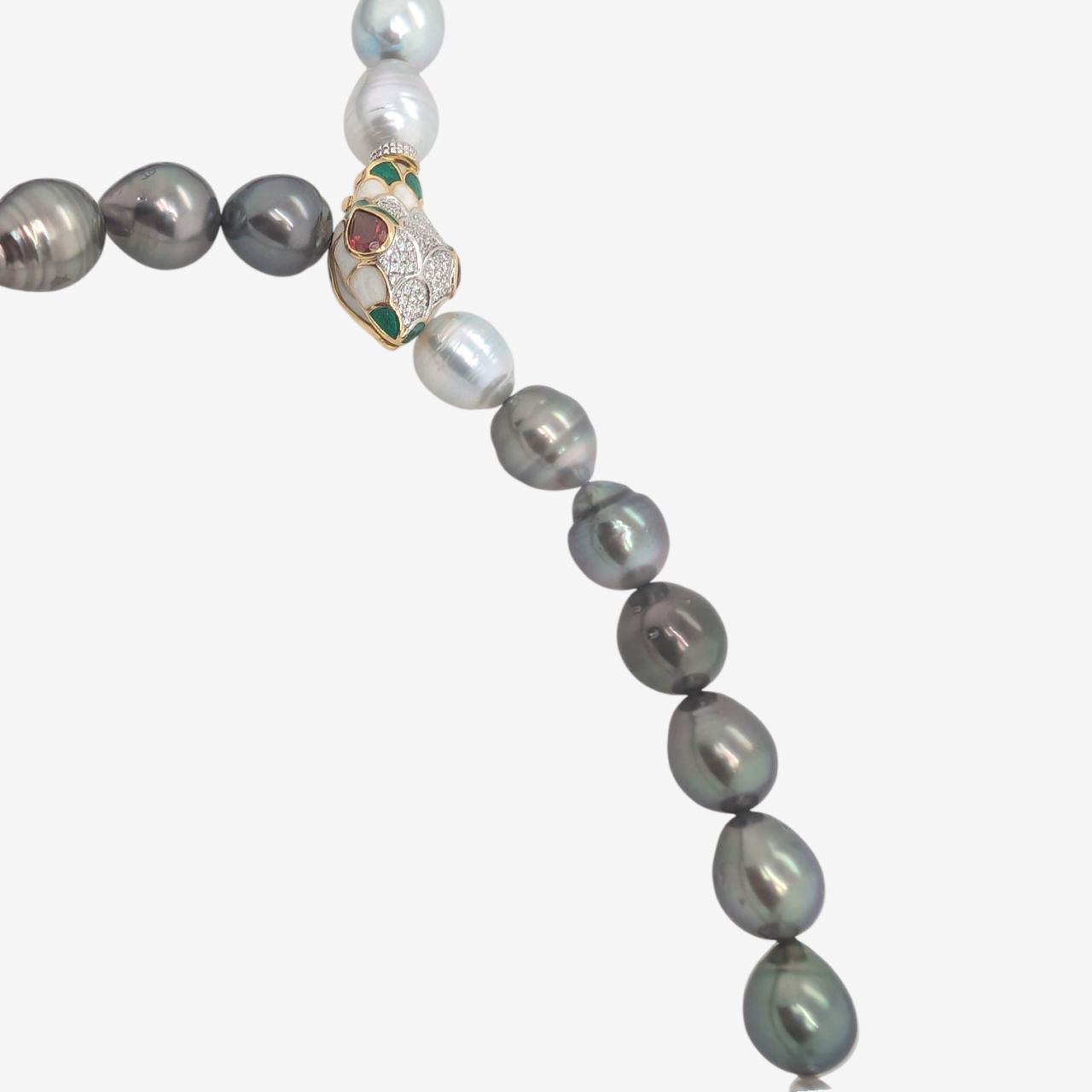 Collar (56 cm) Perlas del Pacífico Blancas & Grises (11 mm) c/ Terminal Serpiente c/ Diamantes Naturales Pavé (0.18 Ct) & Ojos Rubíes - Oro Amarillo 18Kts