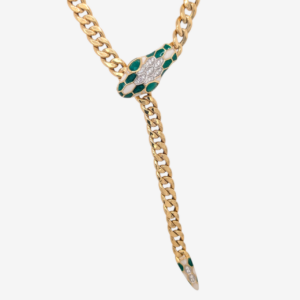 Collar (45 cm) Cadena Tejido Cubano Light (6 mm) Terminales Serpiente & Esmalte c/ Diamantes (0.26 Ct) - Oro Amarillo 18Kts