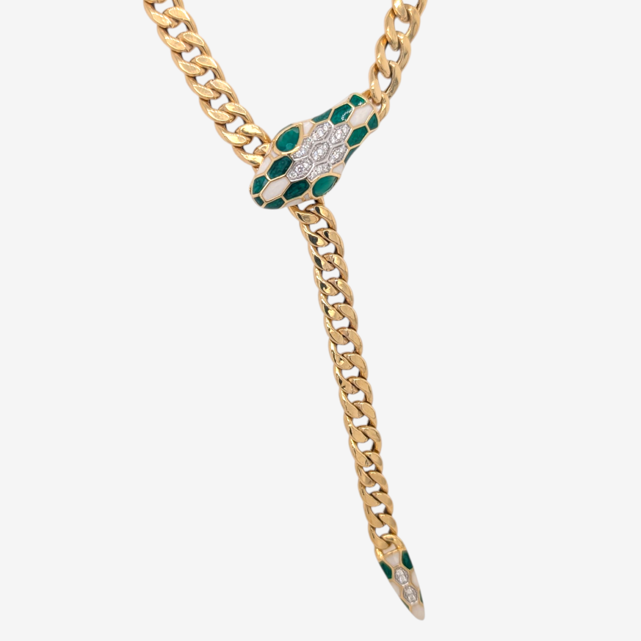 Collar (45 cm) Cadena Tejido Cubano Light (6 mm) Terminales Serpiente & Esmalte c/ Diamantes (0.26 Ct) - Oro Amarillo 18Kts