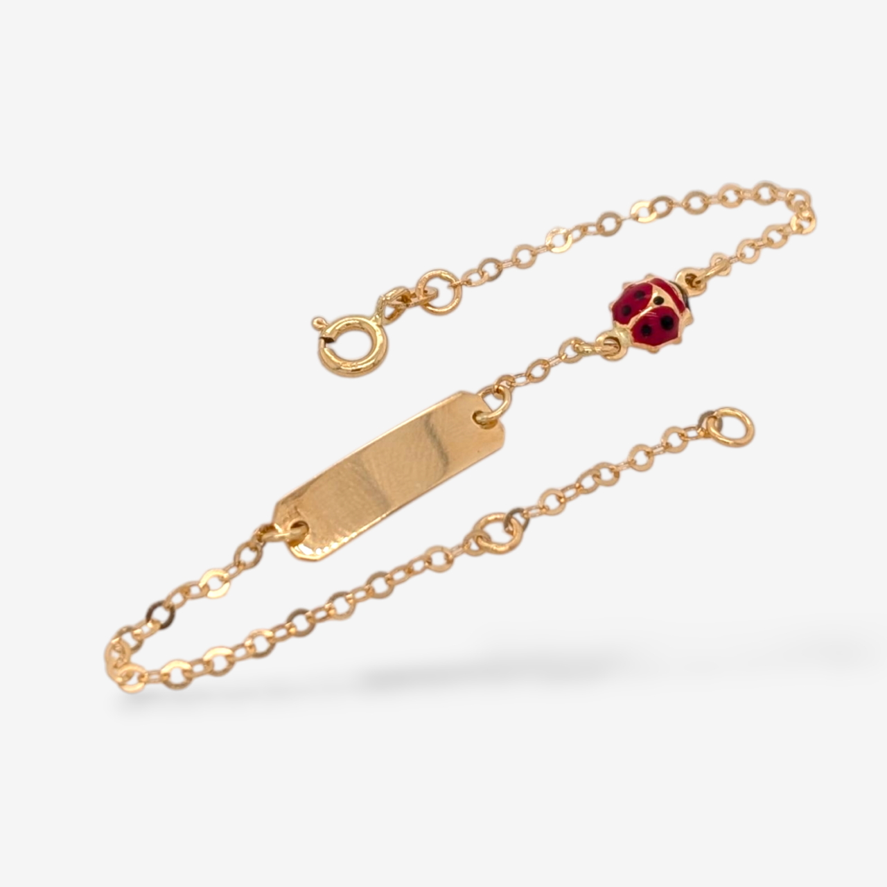 Brazalete (15.5 cm) Esclava c/ Placa ID (4.70 x 22 mm) c/ Lady Bug Esmalte Rojo & Negro c/ Cierre Spring - Oro Amarillo 18Kts