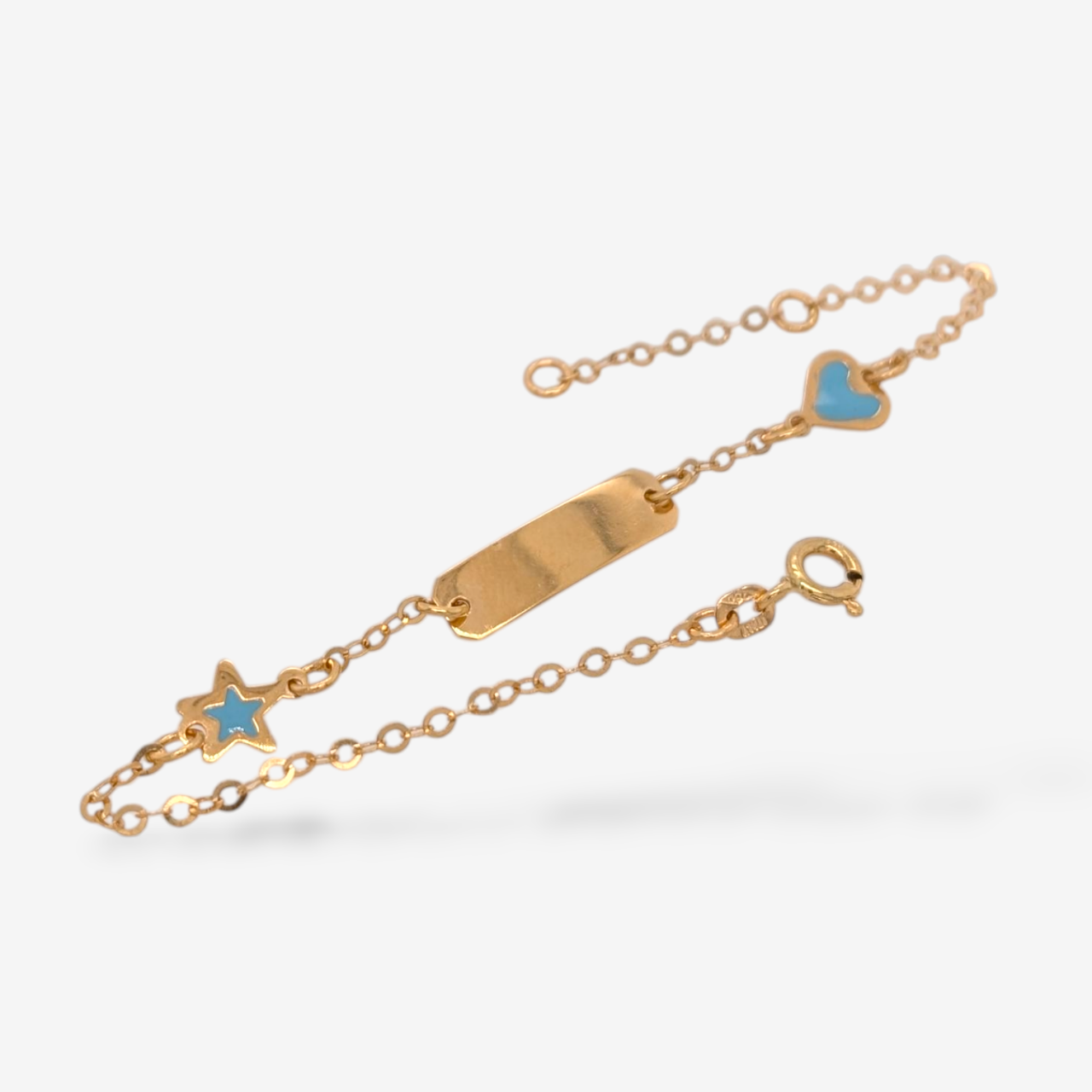 Brazalete (16 cm) Esclava Placa ID (4.7 x 22 mm) c/ Corazón & Estrella c/ Esmalte Azul & Cierre Spring - Oro Amarillo 18Kts
