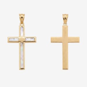 Dije (32 x 20 mm) Cruz Mediana Tubo Rectangular Reversible Oro Liso & Madre Perla c/ Contrargolla Mediana - Oro Amarillo 18Kts