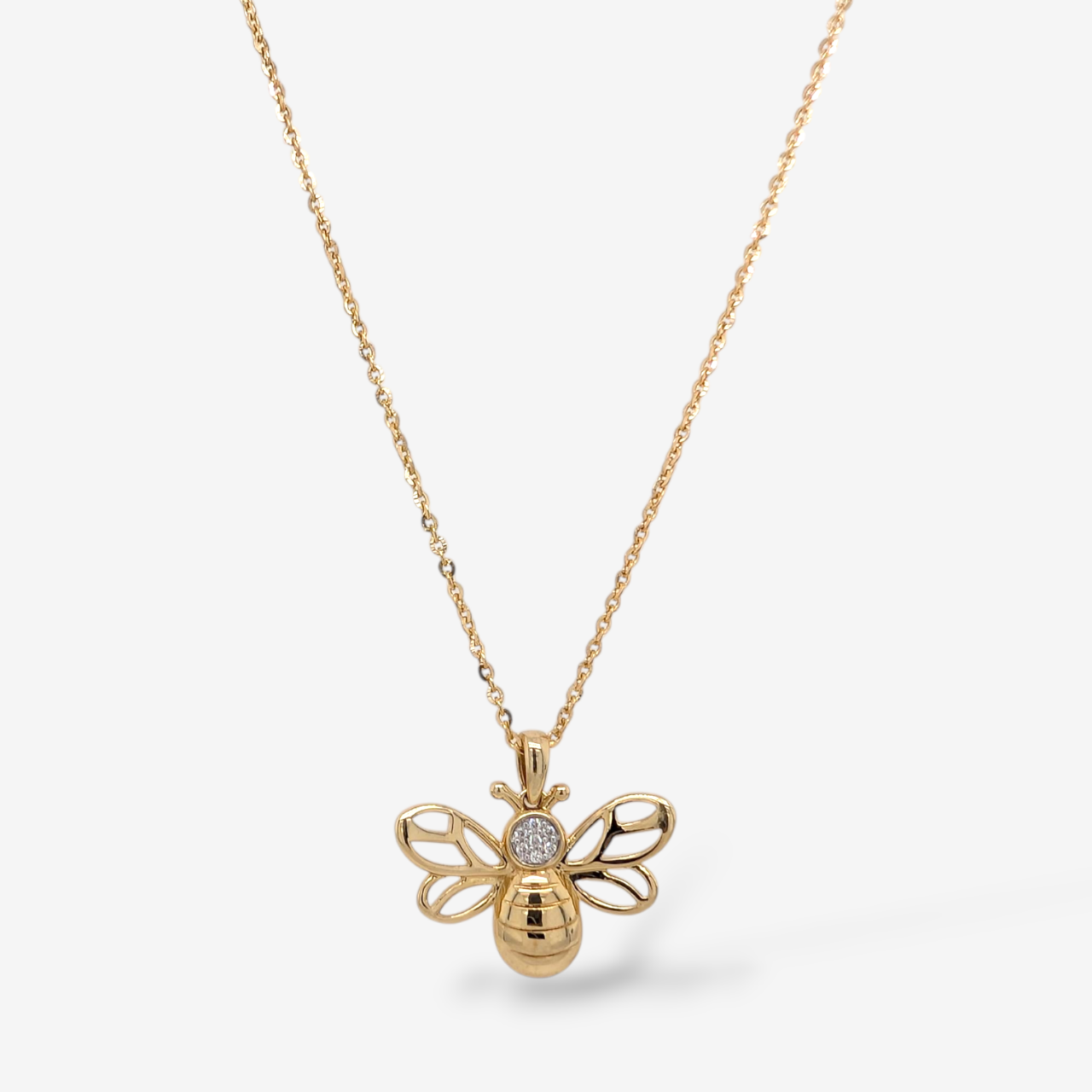 Cadena (46 cm) Tejido Cable c/ Abeja de Alas Caladas (0.04 Ct) & Diamantes Pavé c/ Cierre Spring - Oro Amarillo 14Kts