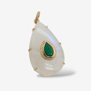Dije (35 x 21.50 mm) Gota Piedra Lunar (33.32 Ct) c/ Esmeralda Central (1.86 Ct) & Diamantes Pavé (0.23 Ct) - Oro Amarillo 14Kts