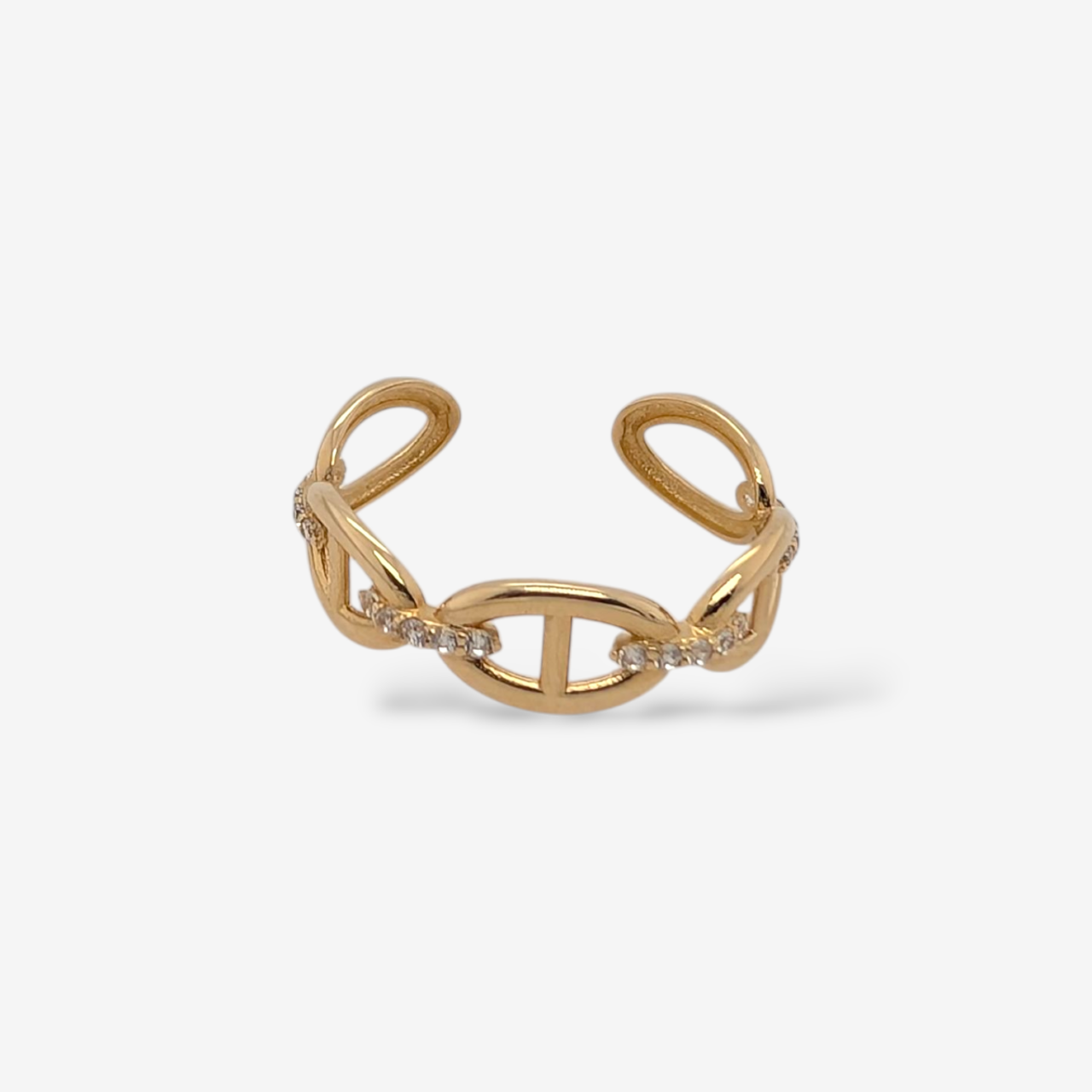 Anillo (5.8 mm) Abierto Eslabones Mariner Planos Rígidos c/ Detalles en Zircones Pavé - Oro Amarillo 14Kts