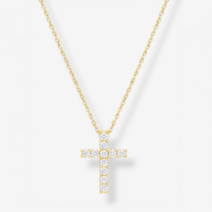 Cadena (42 cm) Fina Cable c/ Cruz Passante c/ Diamantes 4 Prongs Naturales (0.50 Ct) Cierre Spring - Oro Amarillo 18Kts