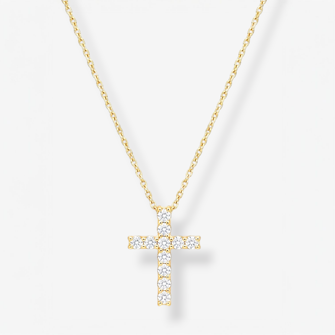 Cadena (42 cm) Fina Cable c/ Cruz Passante c/ Diamantes 4 Prongs Naturales (0.50 Ct) Cierre Spring - Oro Amarillo 18Kts