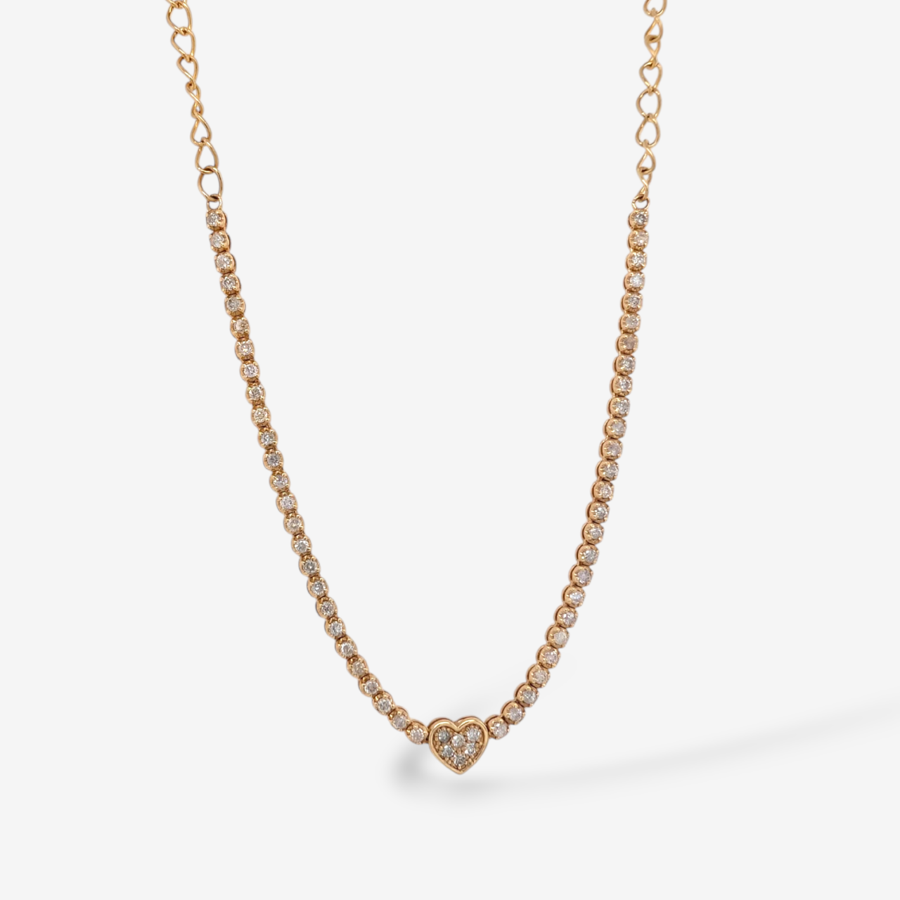Collar (40 cm) Gargantilla Choker Mitad Tennis c/ Diamantes Naturales (0.90 Ct) & Corazón Central Diamantes Pavé (1.9 mm) - Oro Amarillo 14Kts
