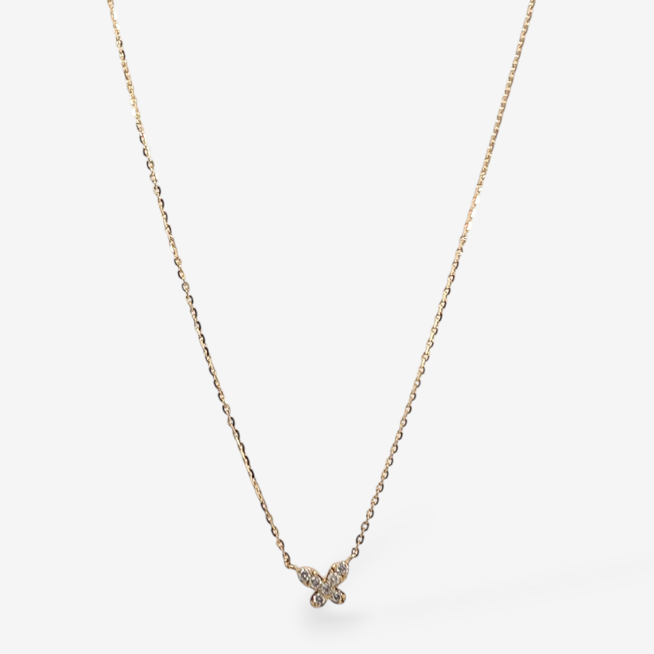 Cadena (45 cm) Fina Cable & Mariposa Mini c/ Diamantes Naturales Pavé (0.12 Ct) - Oro Amarillo 14Kts