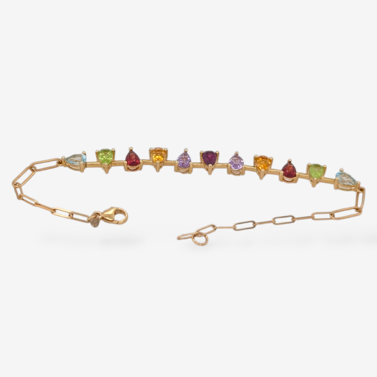 Brazalete (19 cm) c/ Piedras Semi Preciosas Topacio Azul, Peridoto, Granate, Citrino & Amatista (4,27 Ct) Cadena Tejido Paper Clip - Oro Amarillo 14Kts