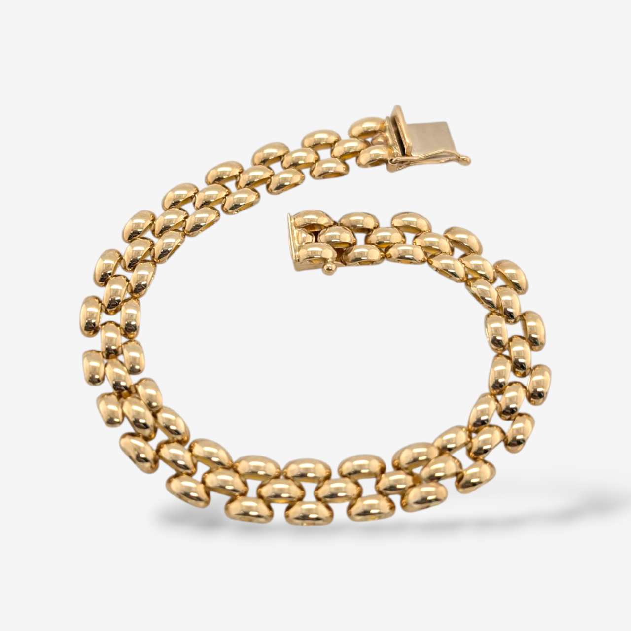 Brazalete (17 cm) Tejido Pantera Tres Líneas (7.8 mm) c/ Cierre Caja & Ocho de Seguridad - Oro Amarillo 14Kts
