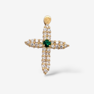 Cruz (24 x 20 mm) Diamantes Naturales Pavé (0.80 Ct) c/ Esmeralda Central (0.30 Ct) - Oro Amarillo 18Kts