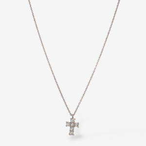 Cadena (45 cm) Fina Cable c/ Cruz Mini (9 mm x 7 mm) c/ Diamantes Naturales (0.19 Ct) Cierre Spring - Platino